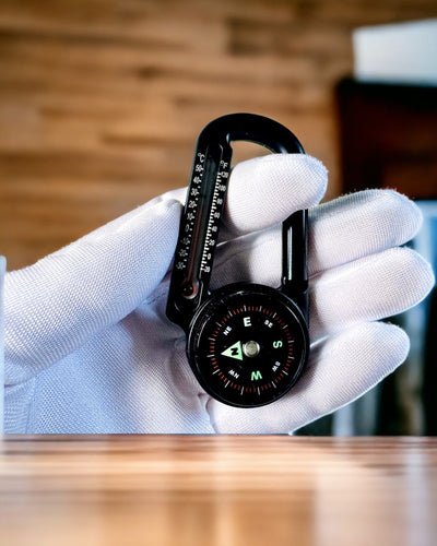 Karabinerkompass mit Thermometer, Schlüsselanhänger - Gravurmöglichkeit