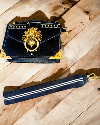 Modische quadratische Umhängetasche mit Löwenakzent - Farbe Schwarz