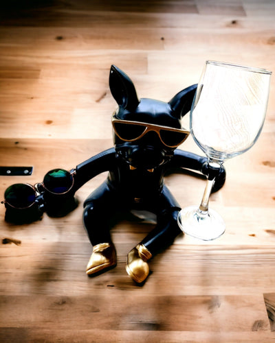 Exklusive Figur "Stilvoller Bulldogge", Farbe Schwarz, Halter für Weinglas oder Champagnerglas, Personalisierung mit Gravur