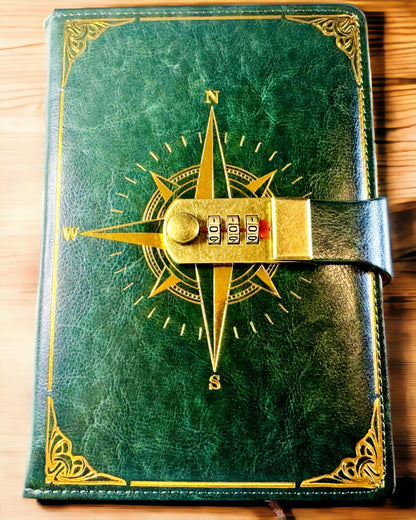 Notizbuch Premium mit Zahlenschloss A5 - Vintage-Stil mit Kompass, Japanisches Design, Schreibwaren für Studenten und Geschäft. Personalisierung mit Gravur