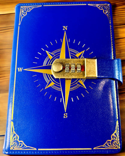 Notizbuch Premium mit Zahlenschloss A5 - Vintage-Stil mit Kompass, Japanisches Design, Schreibwaren für Studenten und Geschäft. Personalisierung mit Gravur