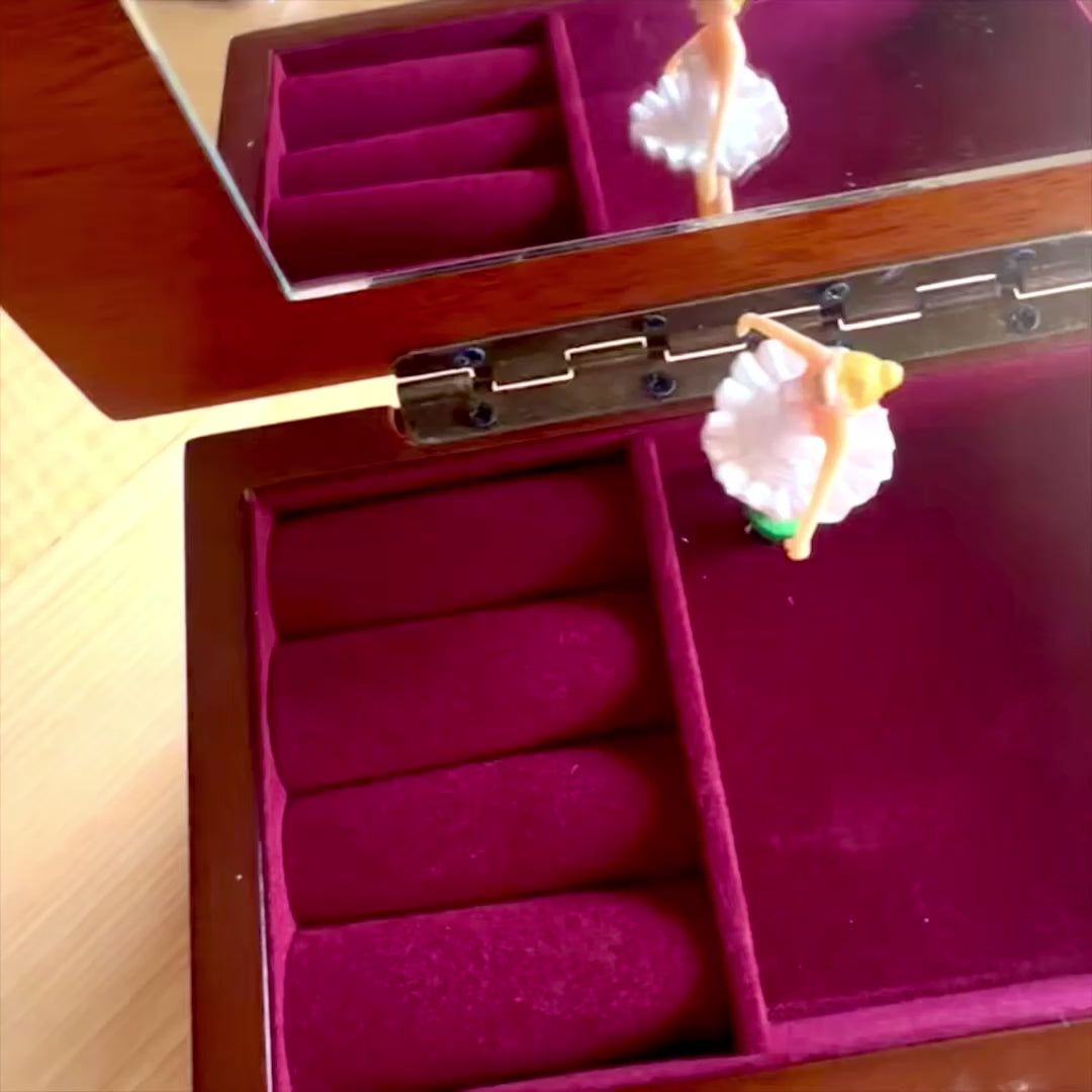 Musik-Schmuckkästchen aus Holz mit Spiegel und Gravur - elegantes Geschenk für Schmuck mit zwei Schubladen, Höhe 10cm, Melodie „The Entertainer“