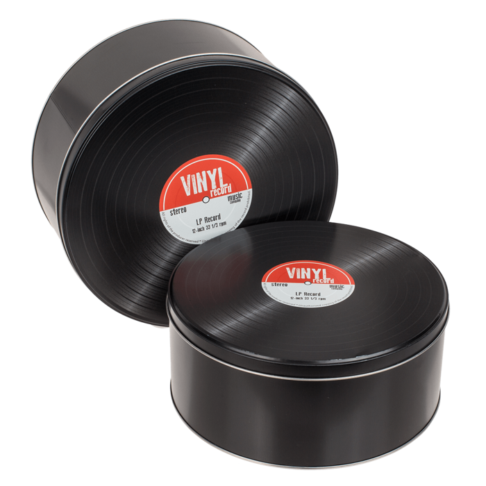 Metallboxen, stilisiert als Vinylplatten im Retro-Stil, Möglichkeit zur Personalisierung durch Gravur